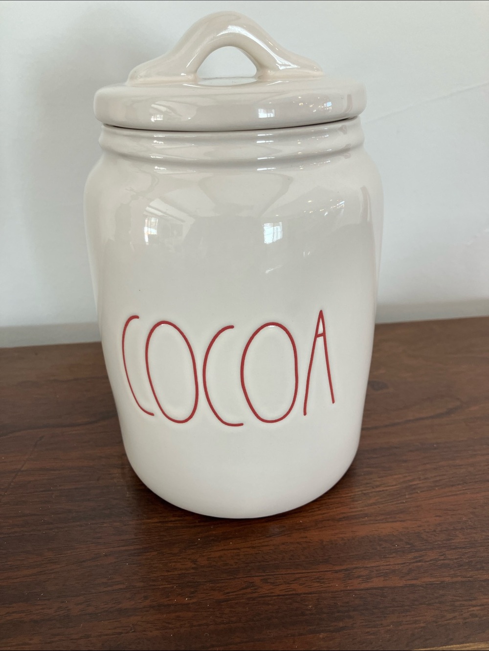 Rae Dunn White Ceramic 'COCOA' Canister with Red Lettering